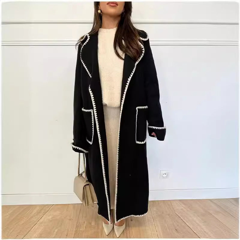 Women Tailored Wrap Coat made of Wool Blend with Decorative Wave Trim and Tied Belt Amarae