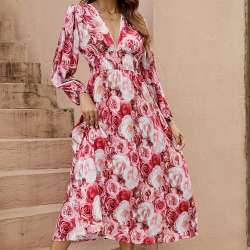 Ladies Long Summer Dress with Flowy Cut and Floral Rose Pattern Amarae