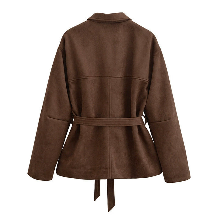 Ladies Fashionable Suede Jacket with Waist Belt and Voluminous Sleeves Lune London