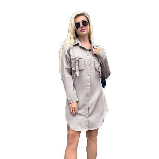 Women Oversized Shirt Dress with Flap Pockets and Curved Hem Amarae