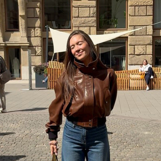 Women's short-cut leather blouse jacket with high stand-up collar and balloon sleeves Amarae