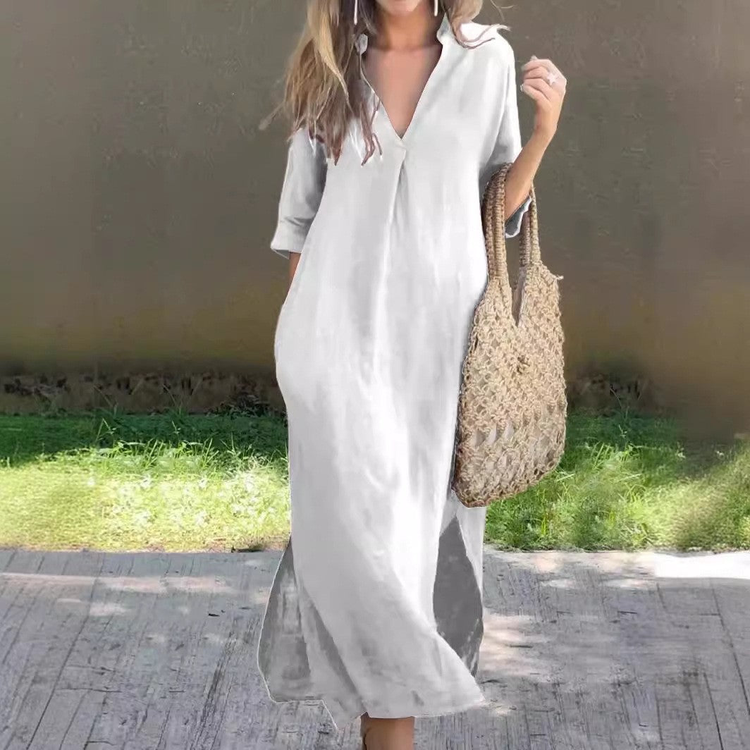 Casual maxi dress for women with V-neck and side slits Lune London