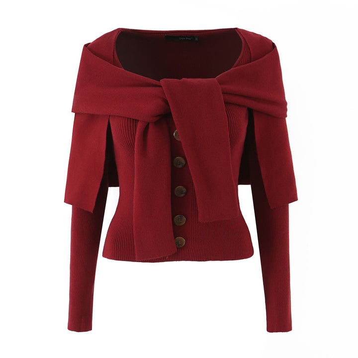 Women's shoulder knit cardigan with removable shoulder shawl detail Amarae