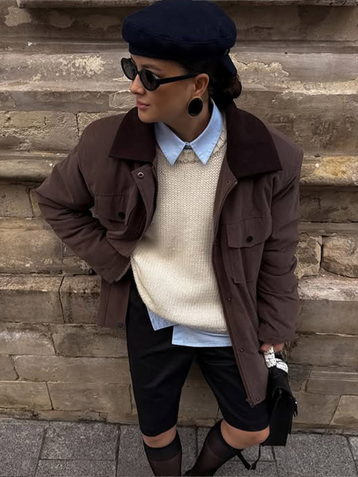 Women's Boxy Utility Short Coat with Contrast Collar and Patch Pockets Amarae