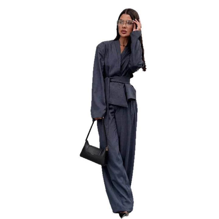 Women's Elegant Wrap Blazer Set with Waist Belt and Wide Pleated Trousers Amarae
