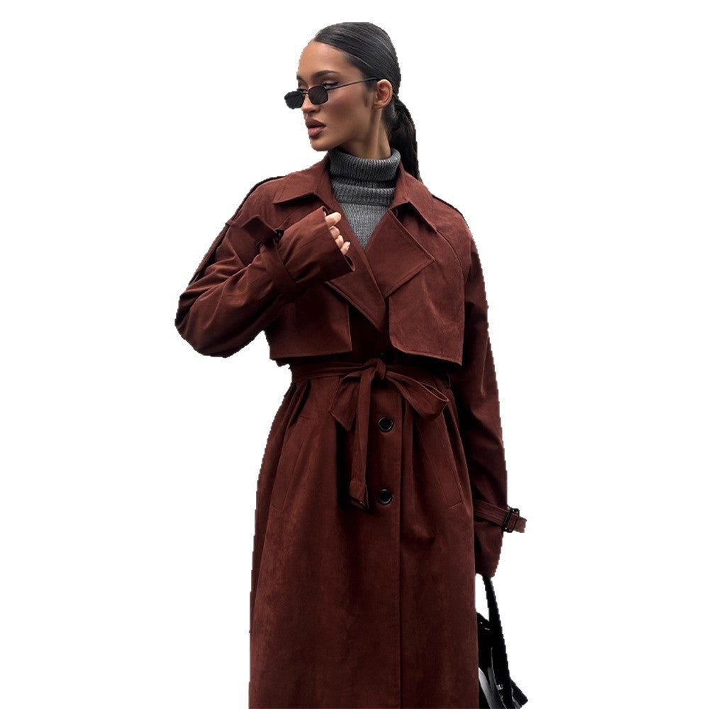 Women's long trench coat made of suede imitation with double button placket Amarae