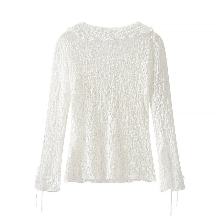 Ladies figure-hugging lace blouse with ruffle V-neck and tie detail Amarae