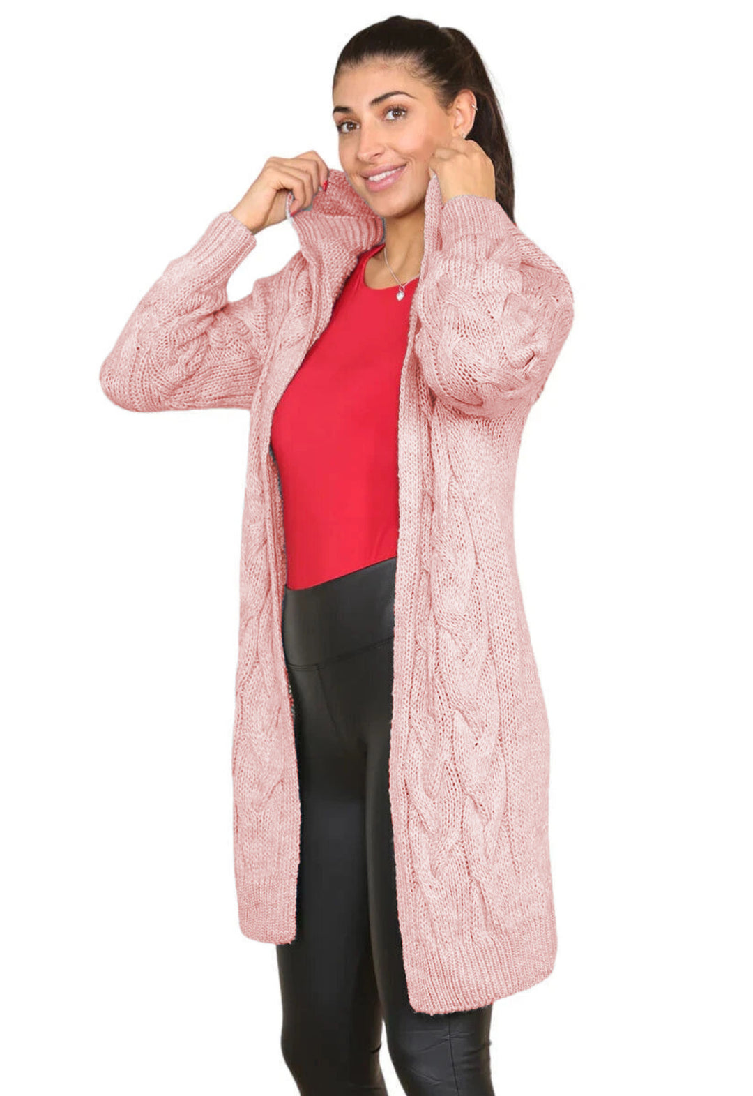 Long knitted coat for women with an elegant cable pattern and hood Lune London