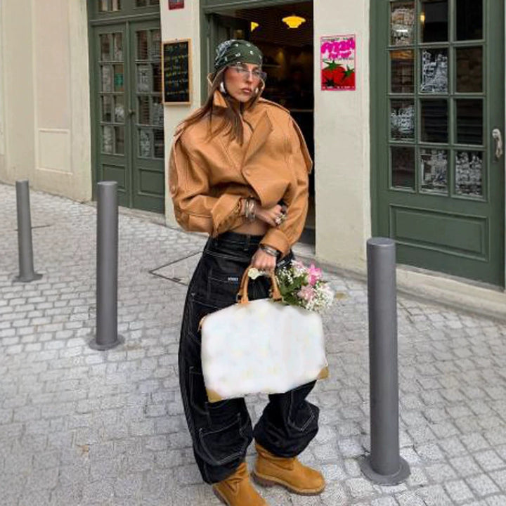 Ladies Cropped Oversized Jacket made of textured synthetic leather with a high stand-up collar Amarae