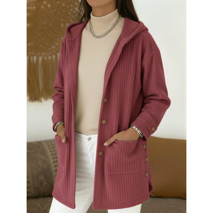 Women's Long Hooded Knitted Cardigan with Ribbed Texture, Button Placket and Side Pockets Amarae