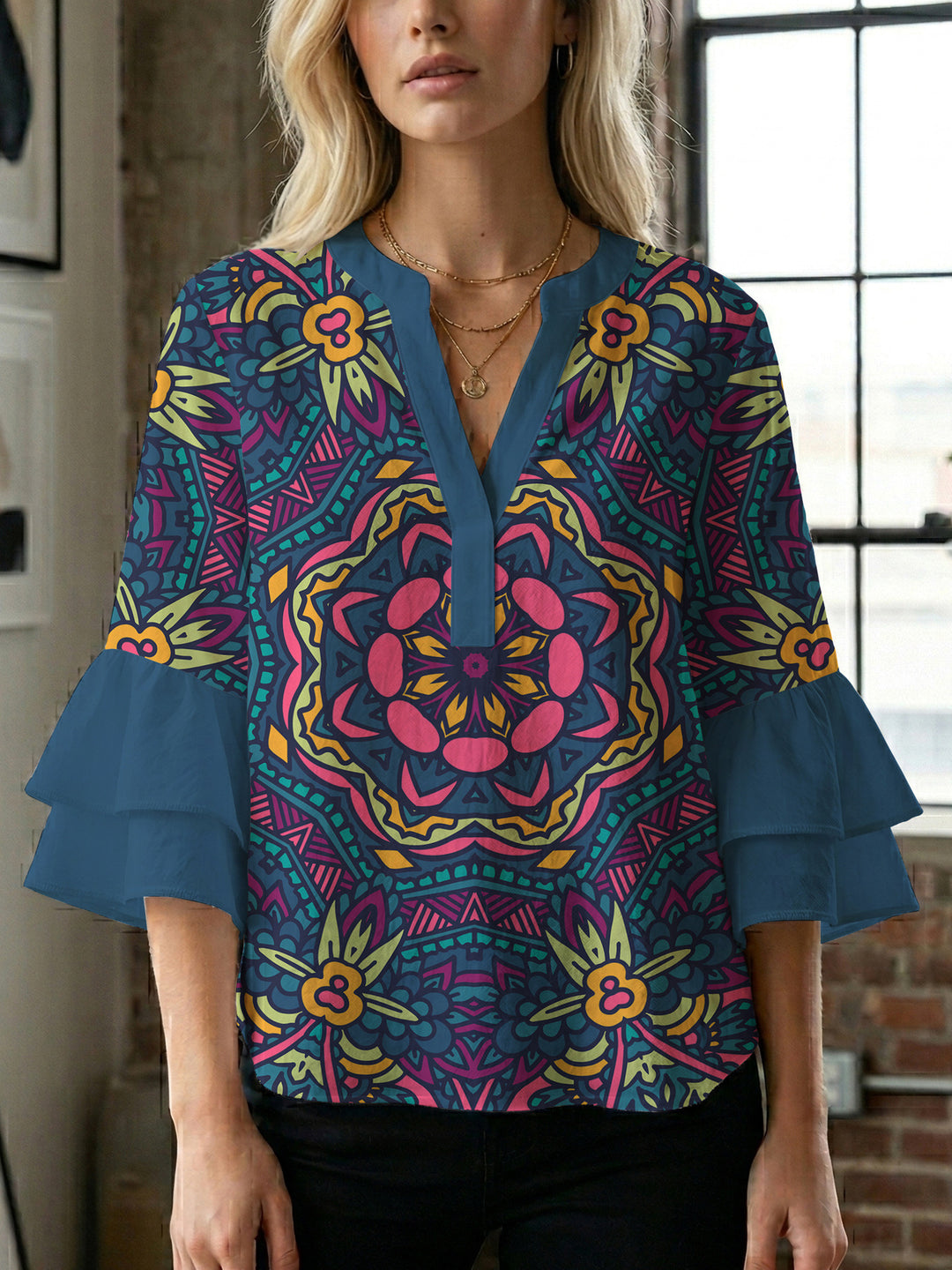 Ladies elegant blouse shirt with voluminous puff sleeves and graphic floral design Lune London