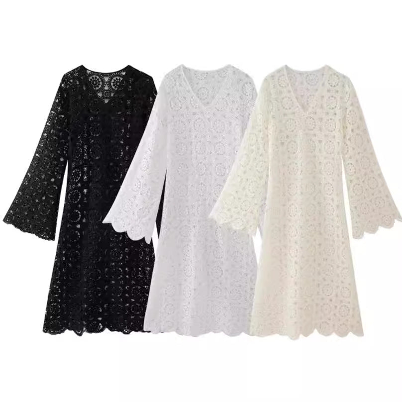 Ladies Airy Crochet Dress with Wide Sleeves Lune London