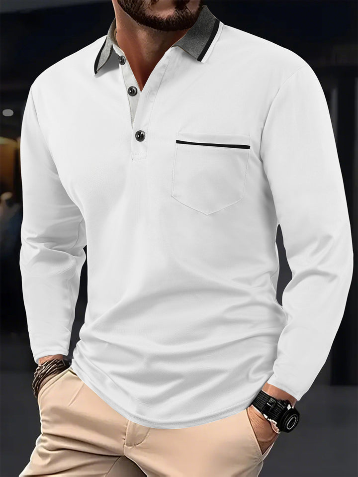 Men's long sleeve polo with textured collar and chest pocket Lune London