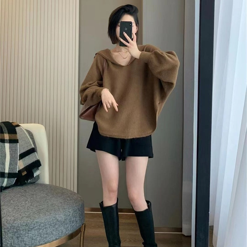 Sweatshirt en tricot surdimensionné pour femmes avec col V décontracté et capuche Chic & Stil