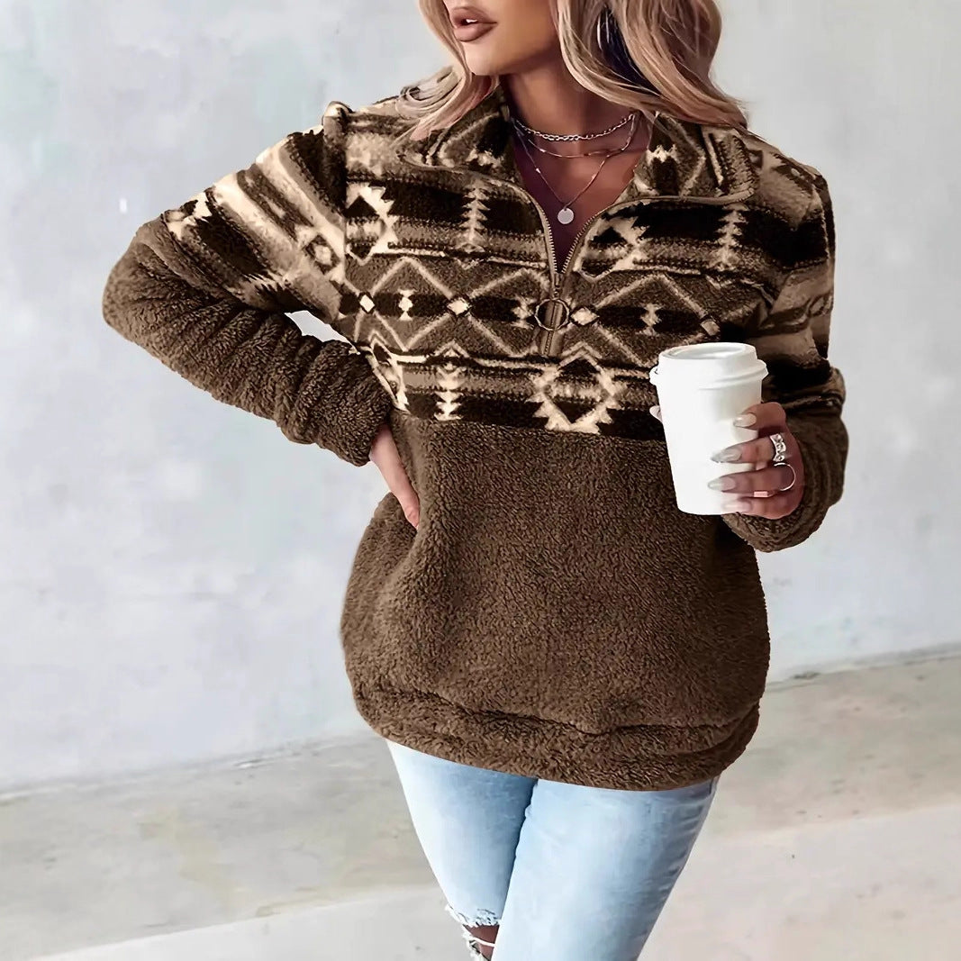 Women's Fleece Pullover with Modern Aztec Pattern and Stand-Up Collar Lune London