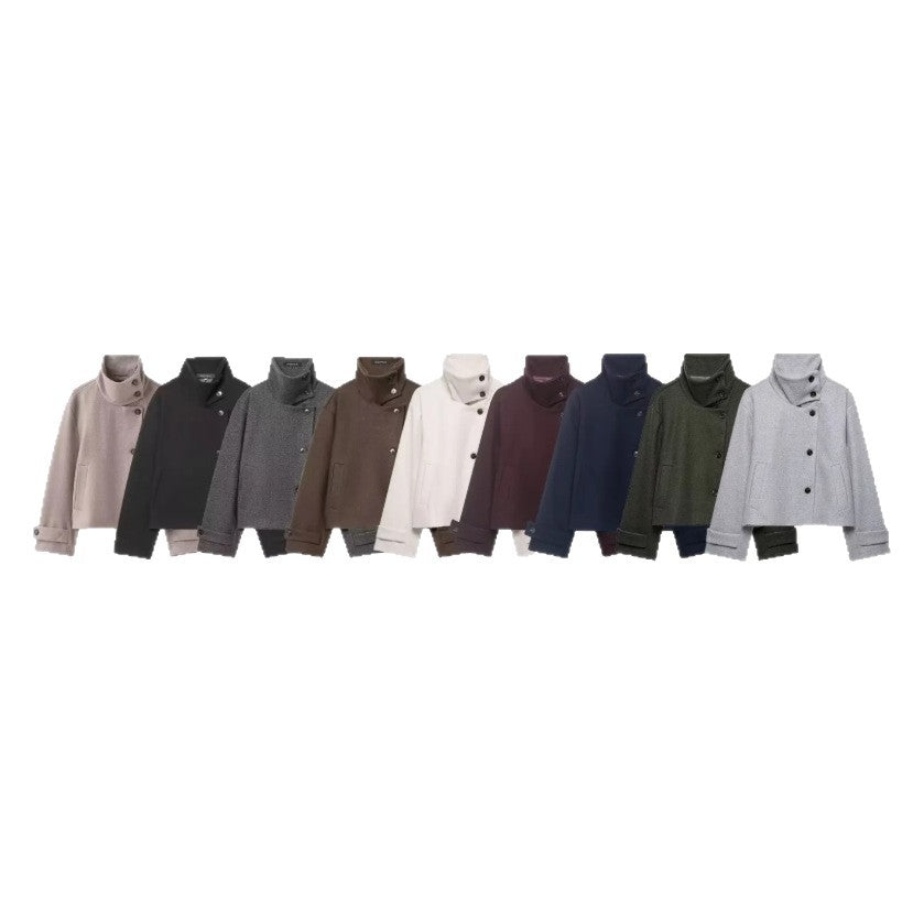 Women's Cropped Wool Blend Short Jacket with High Stand Collar, Asymmetric Button Placket and Cuffed Sleeves Amarae