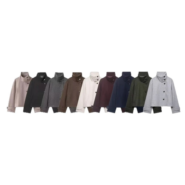 Women's Cropped Wool Blend Short Jacket with High Stand Collar, Asymmetric Button Placket and Cuffed Sleeves Amarae