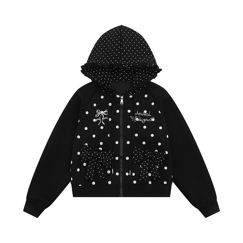 Women's hooded sweatshirt jacket with ruffled hood, polka dot pattern and decorative bows Amarae