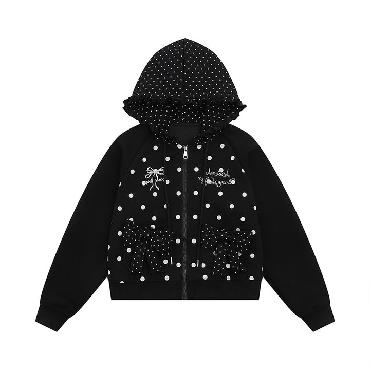 Women's hooded sweatshirt jacket with ruffled hood, polka dot pattern and decorative bows Amarae