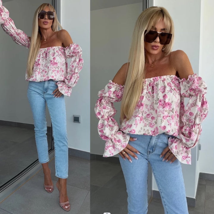 Woman Chic Top with Off-Shoulder and Puff Sleeves with Flowers
