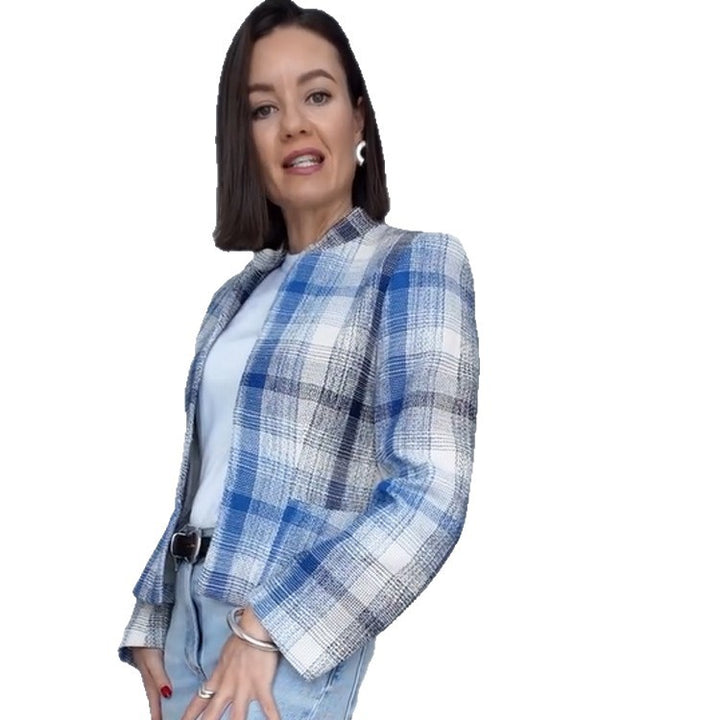 Women Boxy Checkered Short Blazer with Stand-Up Collar and Structured Shoulder Amarae
