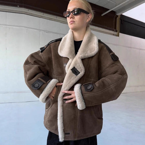 Women Oversize Shearling-Faux Flight Jacket with Contrasting Trim & Buckle Details Amarae