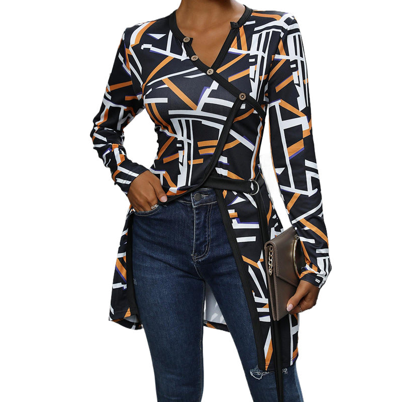 Long blouse with sleeves for women with geometric design and buttoned plastron Lune London