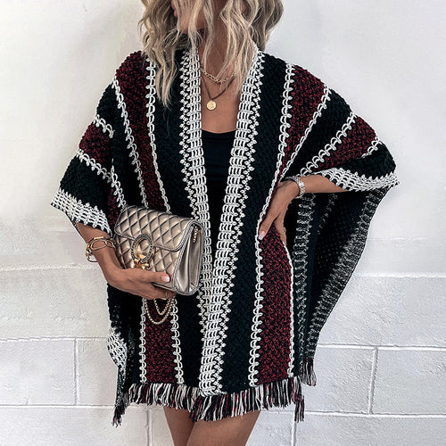 Knit poncho for women with V-neck and fringes Amarae
