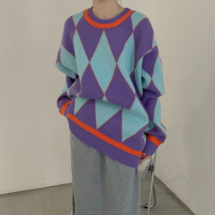 Pull-over tricoté surdimensionné pour femmes avec motif géométrique et contrastes de couleurs Chic & Stil
