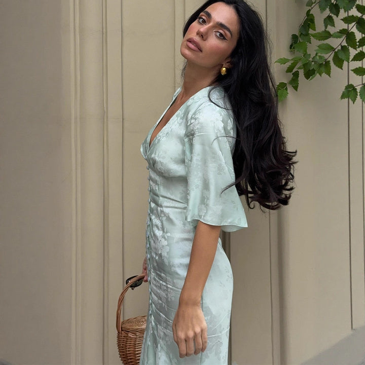 Women's mid dress made of jacquard with V-neck, decorative button placket, and front slit Amarae
