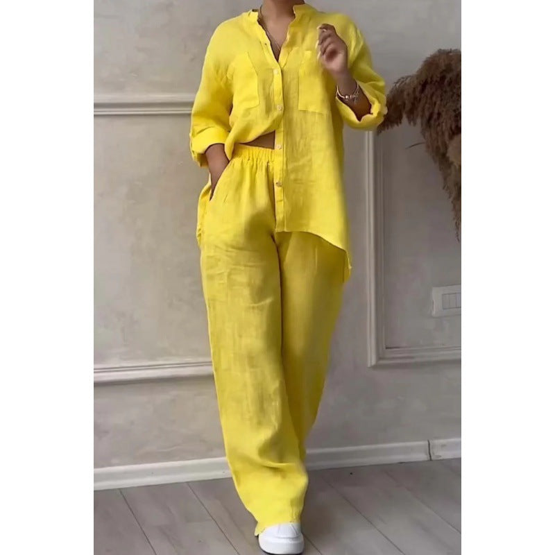 Women's Wide Linen Blend Pants with High Elastic Waistband, Drawstring and Palazzo Silhouette Amarae