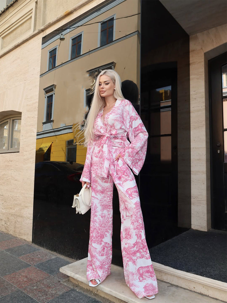 Women's Two-Piece Wrap Set in Kimono Style with Wide Leg Amarae