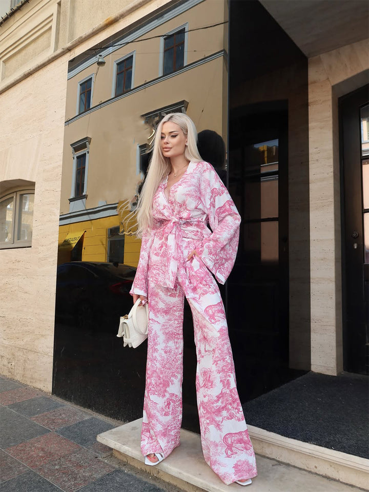 Women's Two-Piece Wrap Set in Kimono Style with Wide Leg Amarae