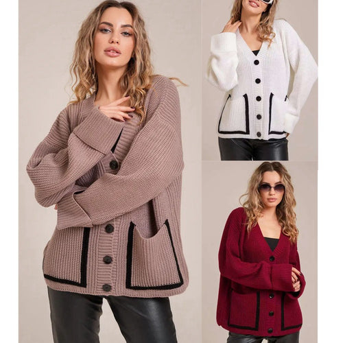 Ladies chunky knit cardigan with front openings and large buttons Amarae
