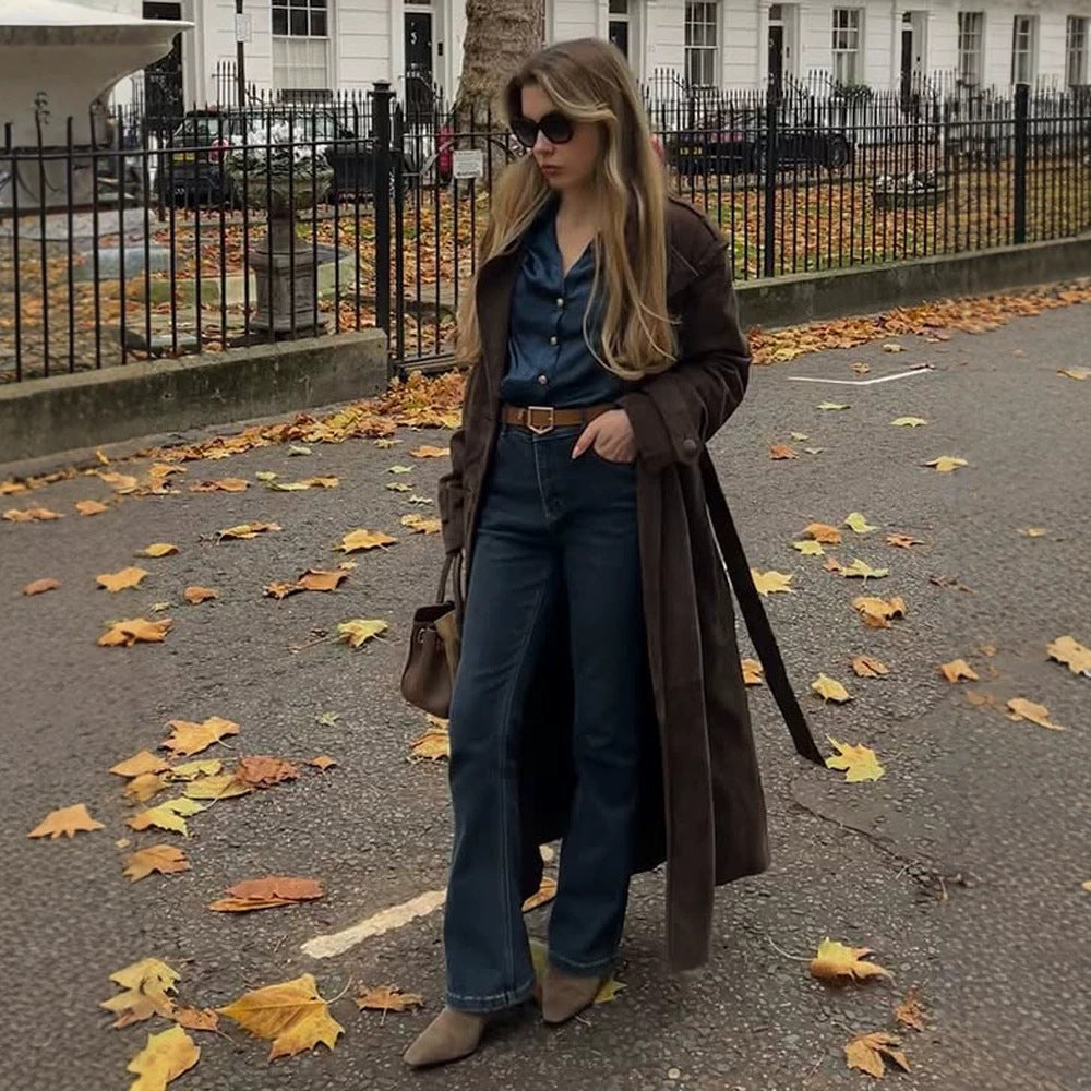 Ladies Long Cut Suede Trench Coat with Oversized Collar and Tie Belt Amarae