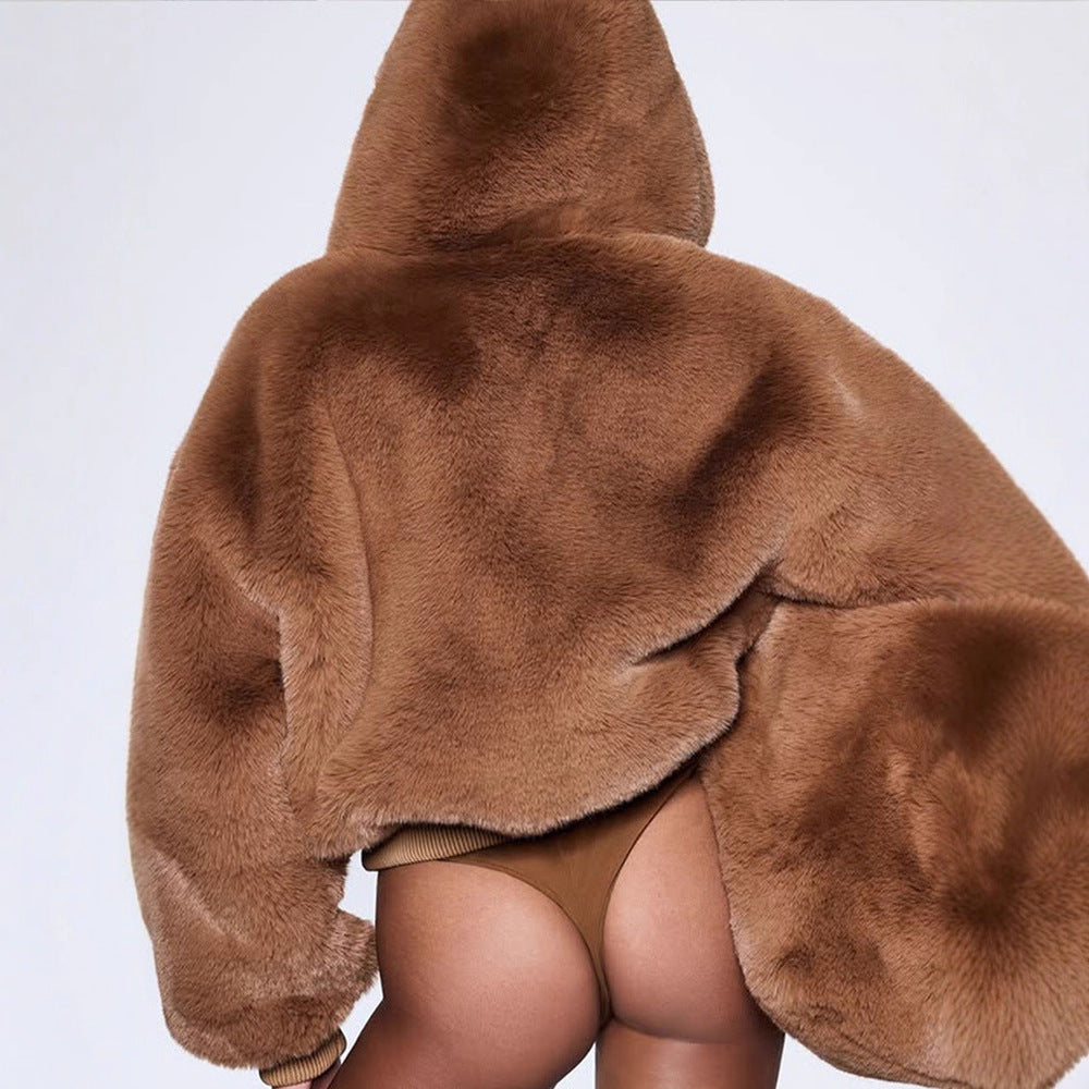 Women's Short Teddy Faux Fur Bomber Jacket with Hood, Wide Ribbed Hem and Two-Way Zipper Amarae