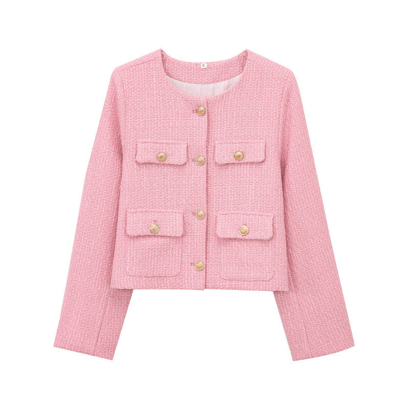Trendy short jacket for women with gold buttons and patch pockets Lune London