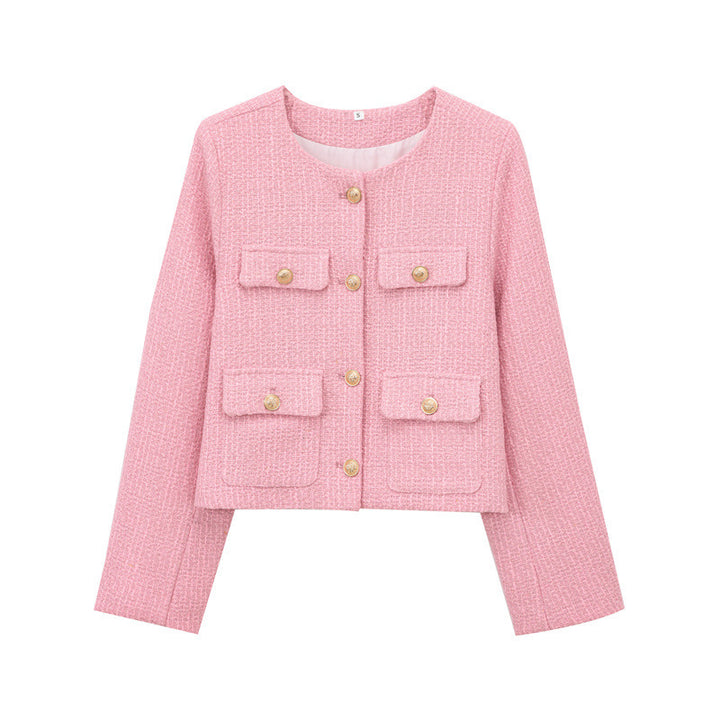 Trendy short jacket for women with gold buttons and patch pockets Lune London