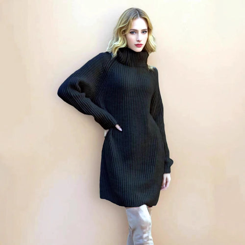 Knit dress for women with high collar and fine ribbed structure Amarae