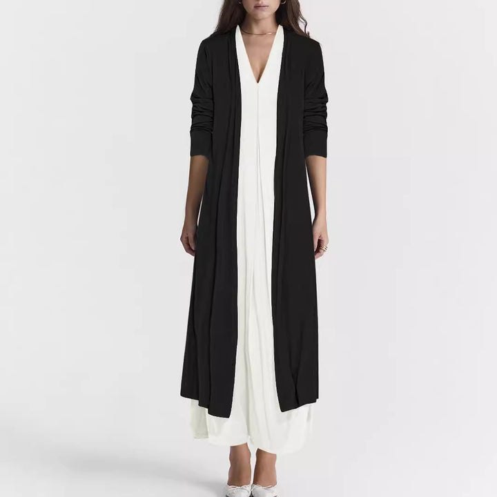 Women Elegant Long Coat with Deep V-Neck and Fluid Cut Lune London