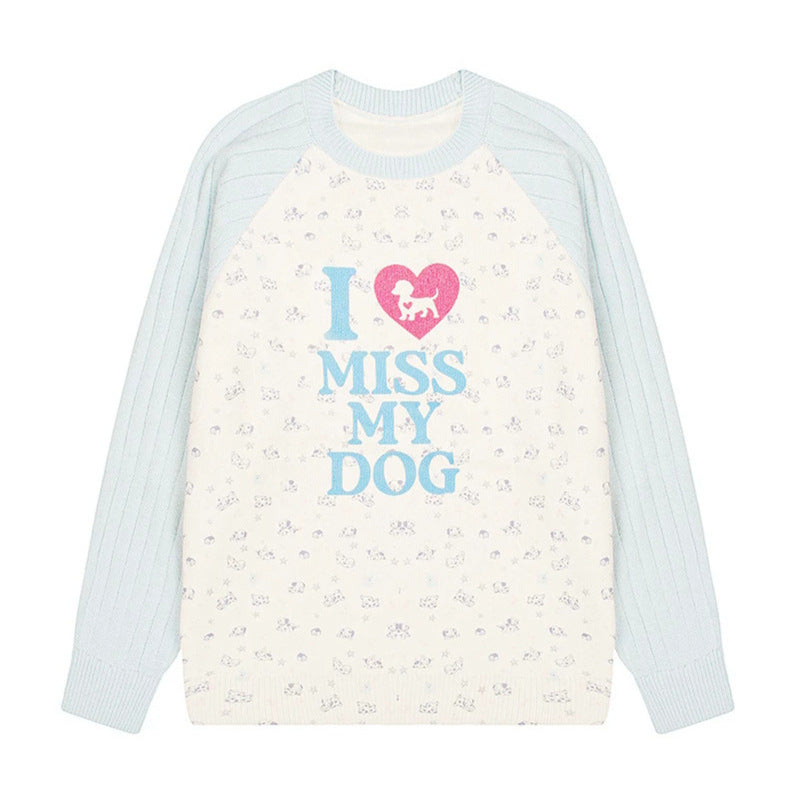 Women's knit sweater with raglan sleeves, allover dog motif and statement print Amarae