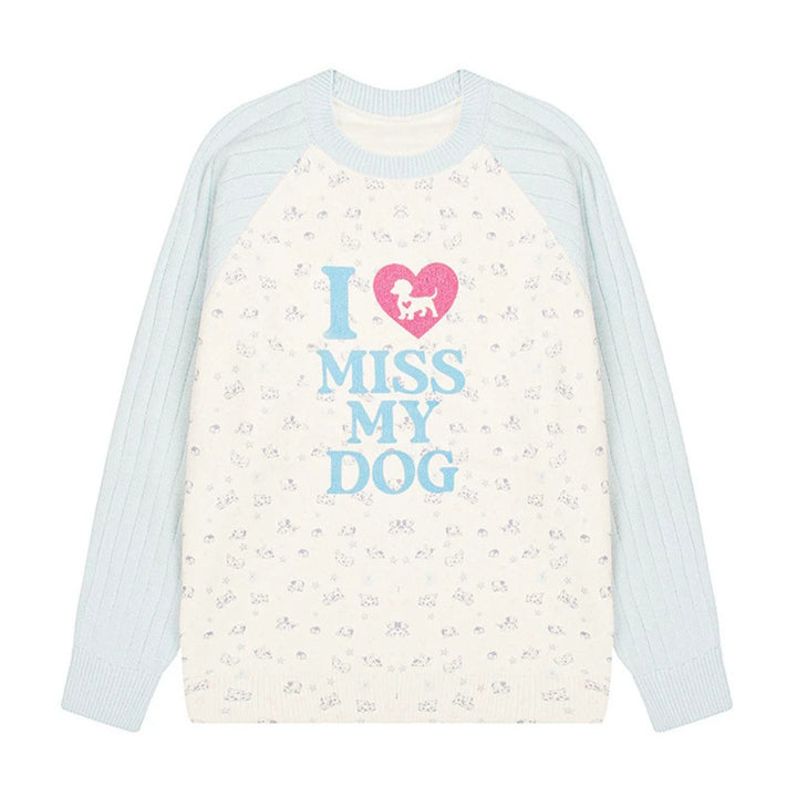 Women's knit sweater with raglan sleeves, allover dog motif and statement print Amarae