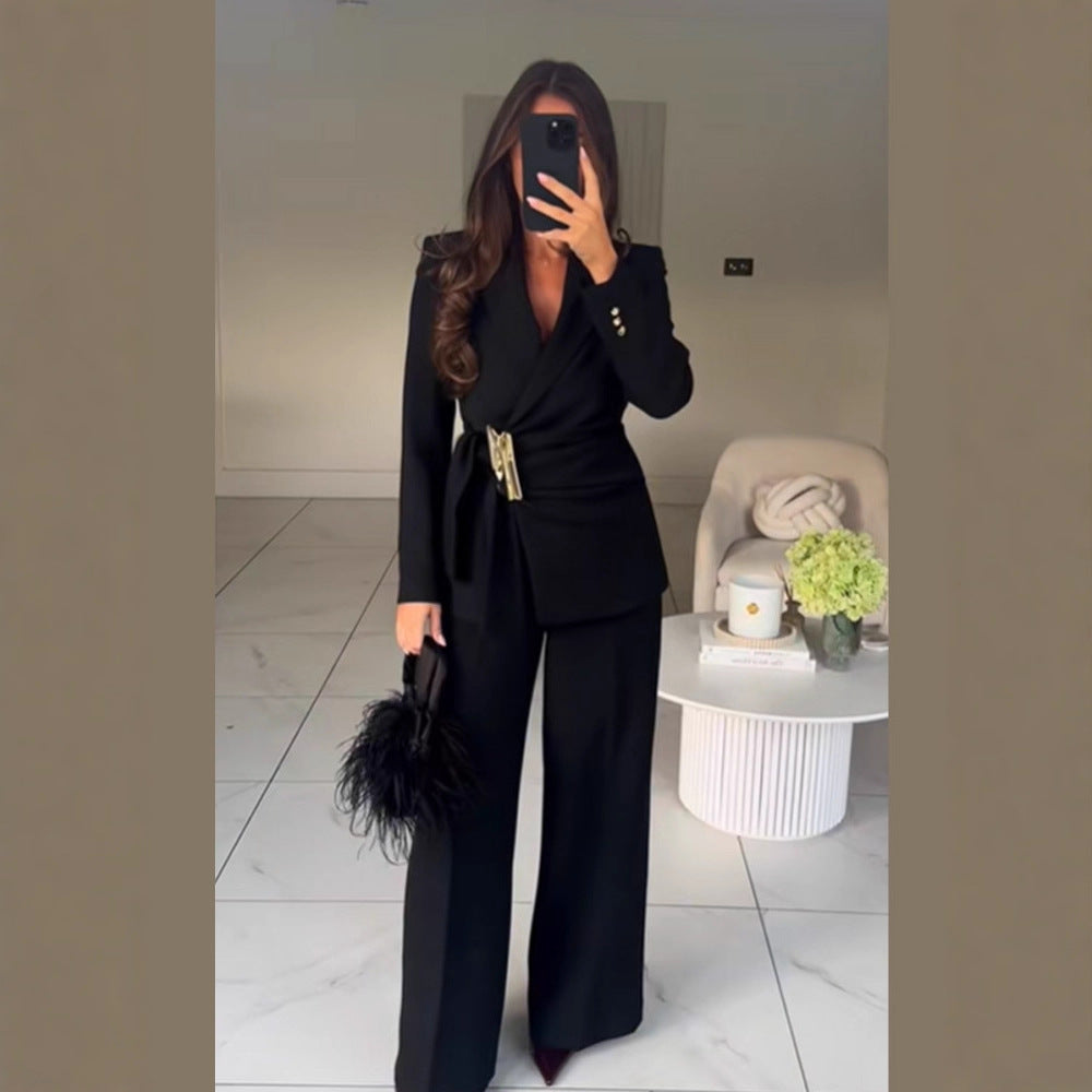 Women's Tailored Wrap Blazer with Decorative Metal Buckle & High-Waist Palazzo Pants Amarae