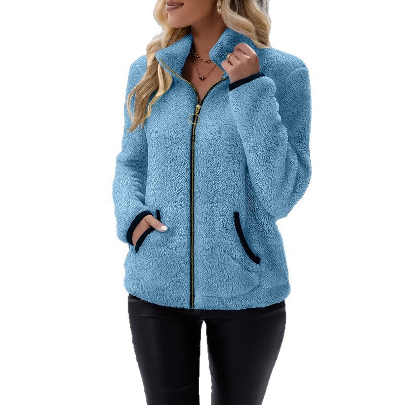 Women's thermal sherpa fleece jacket with stand-up collar, contrast edges and ring zipper Amarae