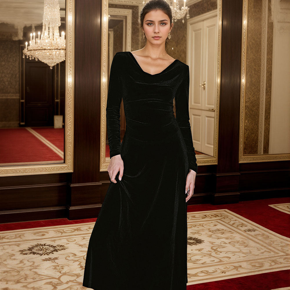 Robe maxi élégante pour femme avec encolure drapée flatteuse et manches longues Chic & Stil