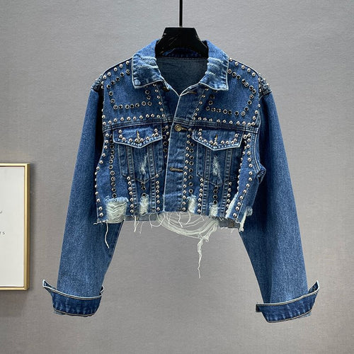 Veste en jean de créateur pour femmes avec clous et franges Chic & Stil