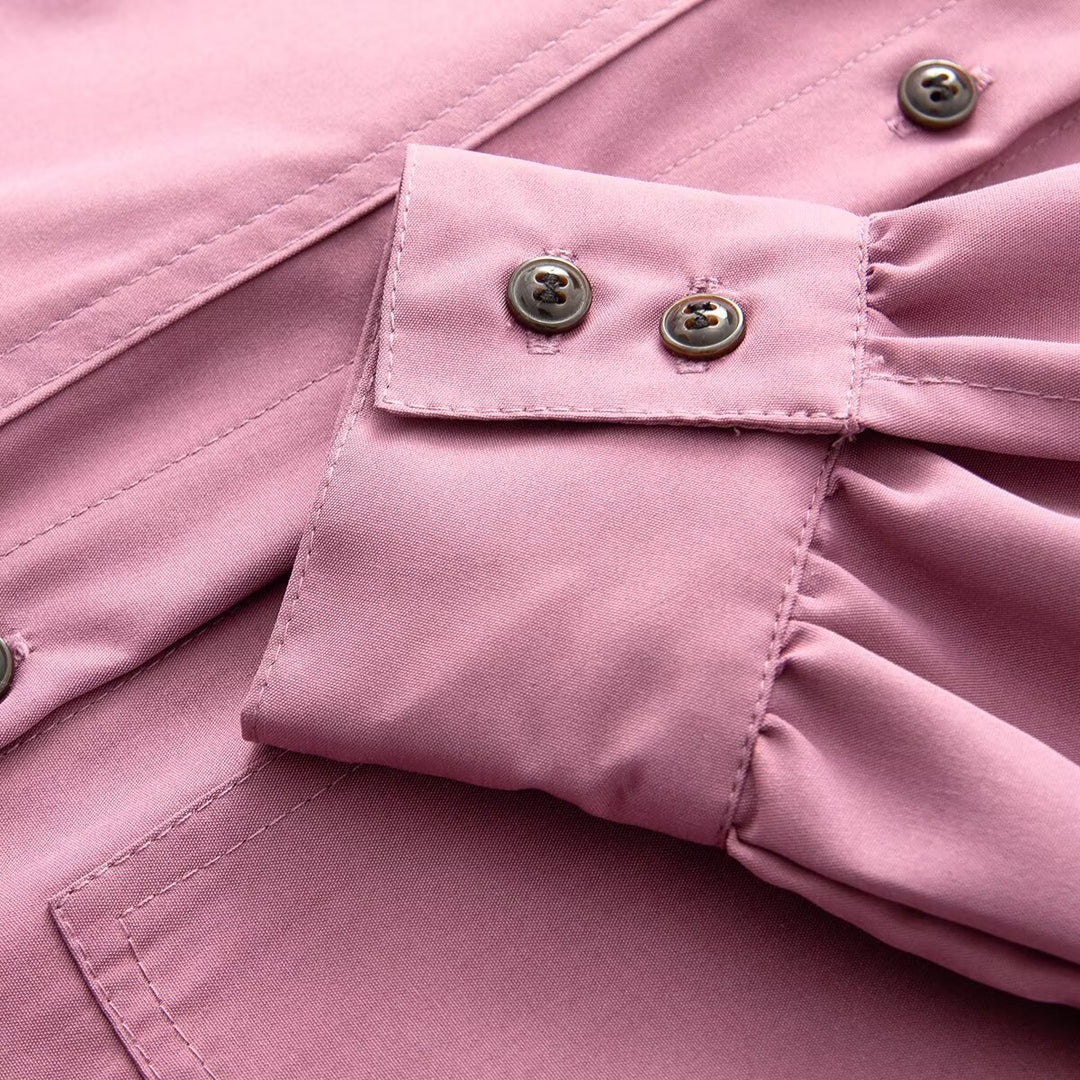 Women's Oversized Utility Shirt Blouse with Drop Shoulder, Flap Pockets and Stand Collar Amarae