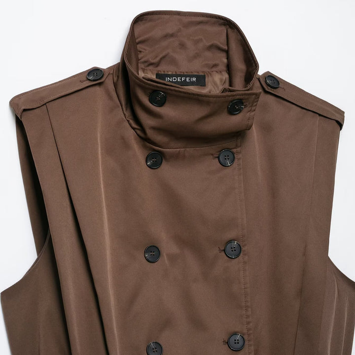 Women Sleeveless Trench Vest with Double Breasted and Stand Collar Amarae
