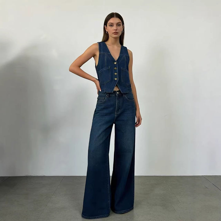 Women's Casual Denim Vest with Button Details and Patch Pockets Lune London