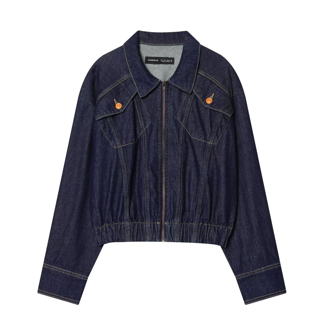 Women's Cropped Denim Jacket with Zipper, Tailored Drawstring and Flap Pockets Amarae